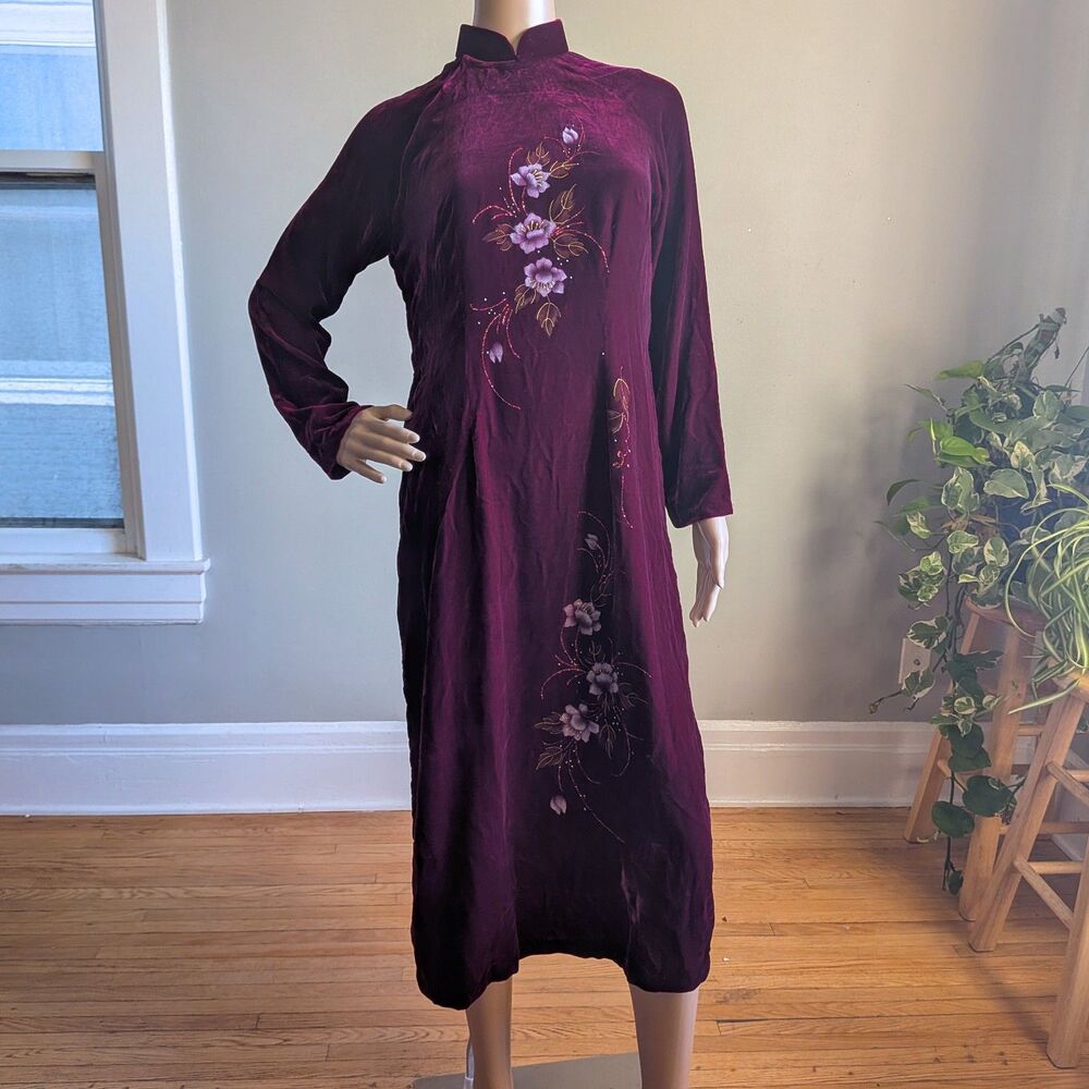 Vintage Velvet Cheongsam Vietnamese Dress Tunic Hand Painted Floral Glitter